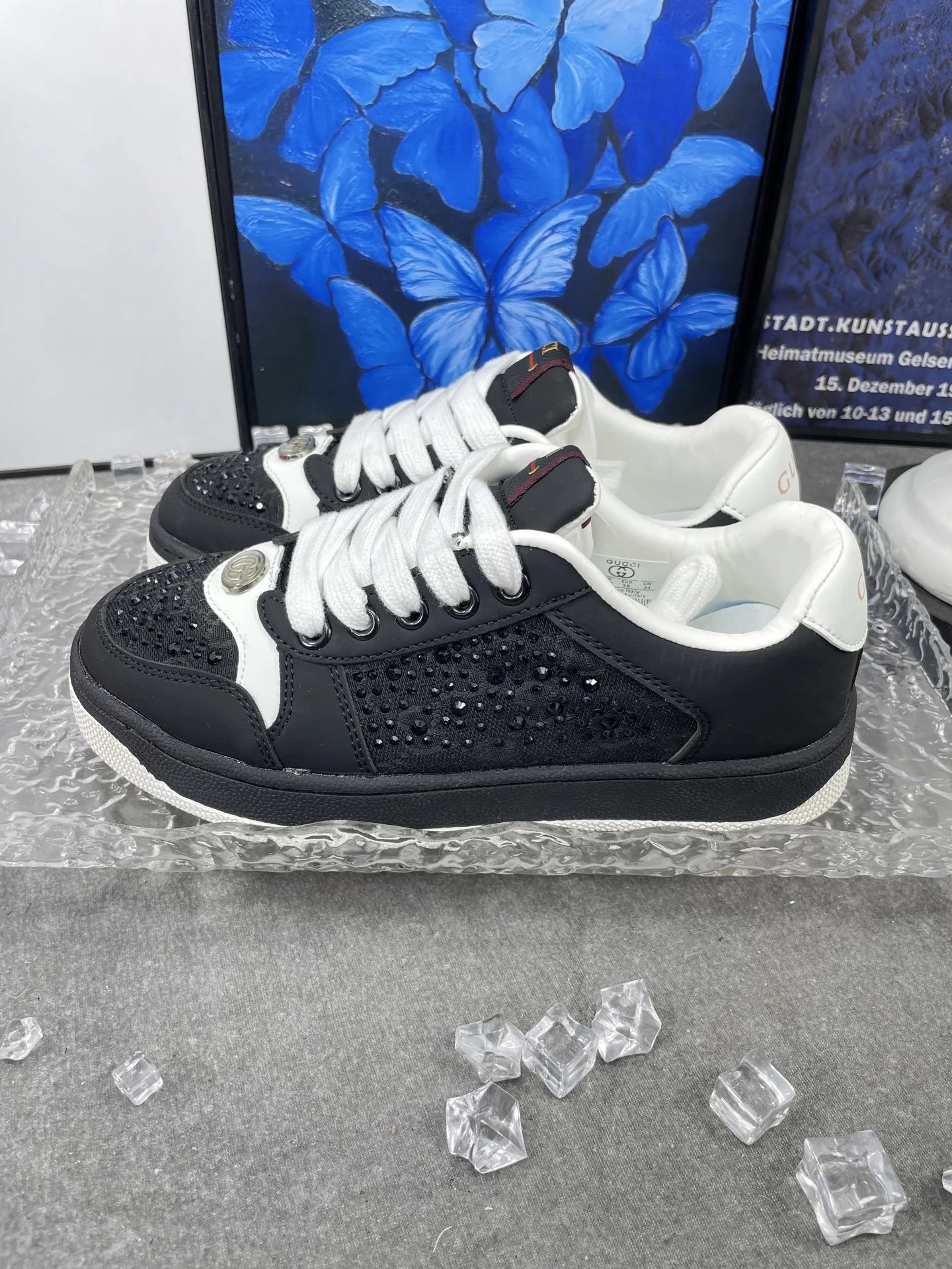 Gucci Black White Rhinestone Cutout Low Top Sneakers