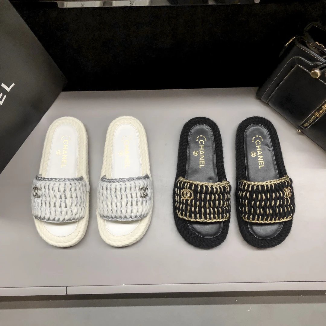 Chanel Women’s Tweed CC Logo Platform Slide Sandals