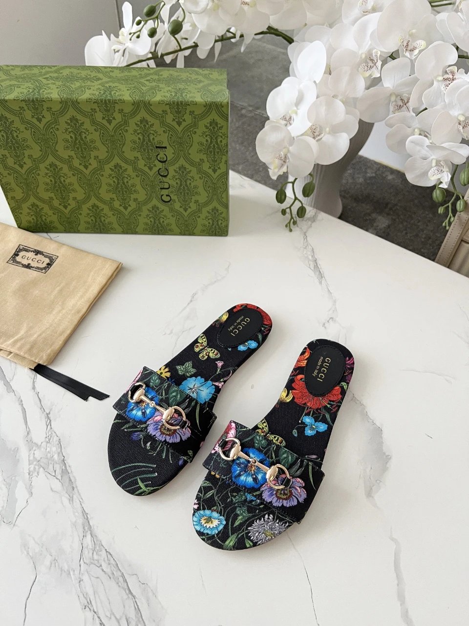 Gucci Black Floral Horsebit Flat Slide Sandals