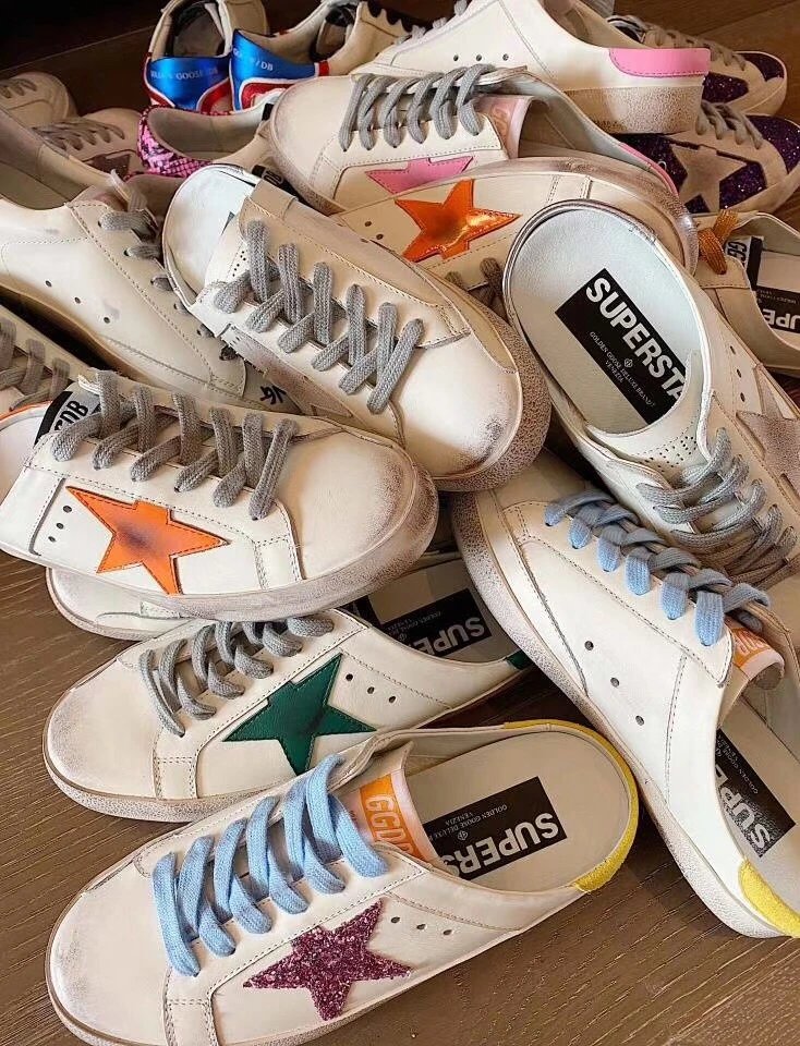 Golden Goose Super-Star White Green Distressed Sneakers