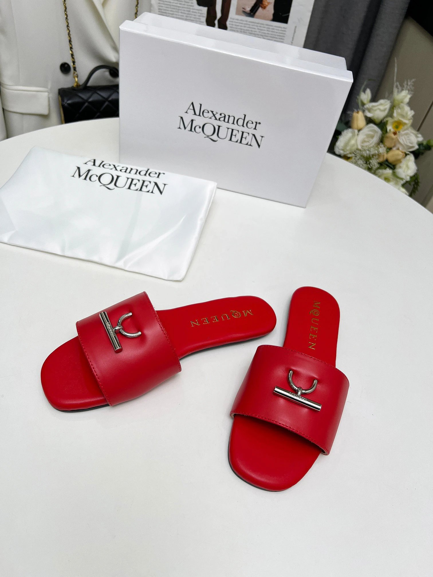 Alexander McQueen Red Leather Logo Slide Sandals Women