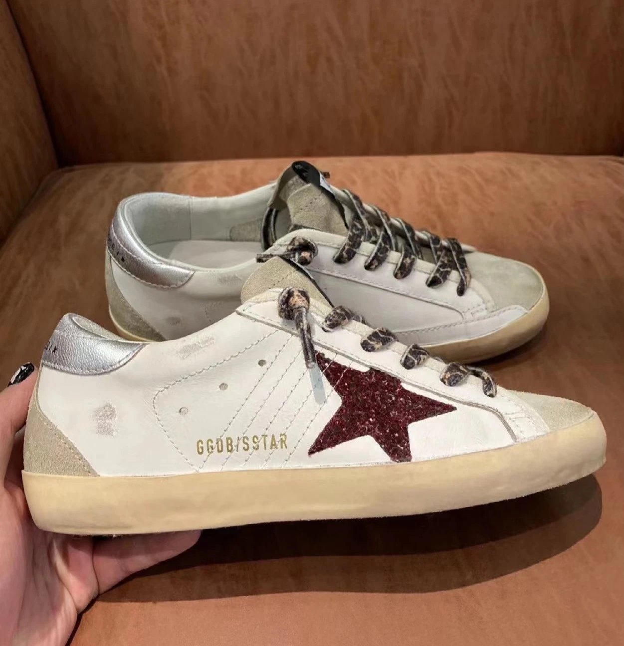 Golden Goose White Super-Star Burgundy Star Sneakers