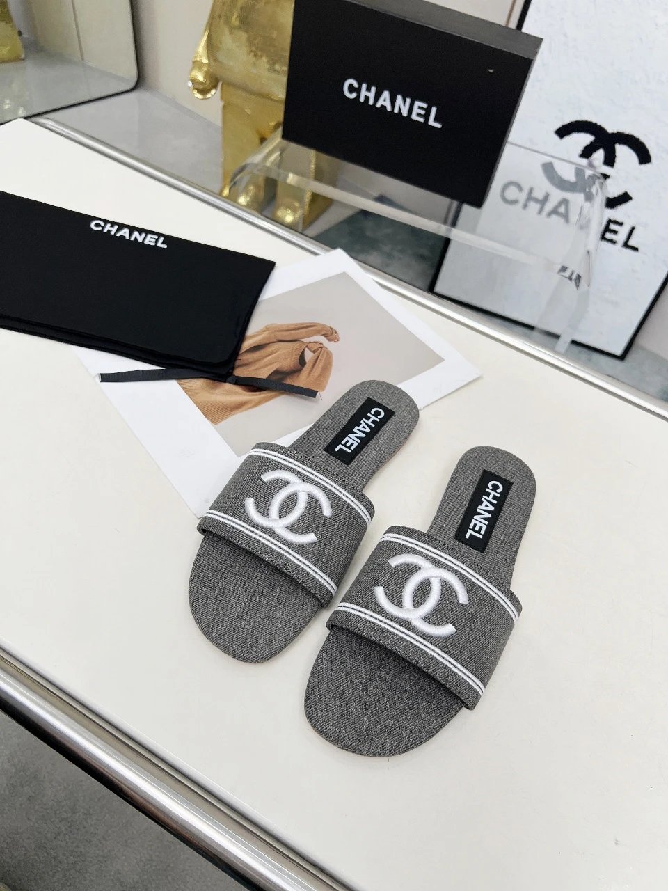 Chanel Gray CC Logo Fabric Flat Slide Summer Sandals
