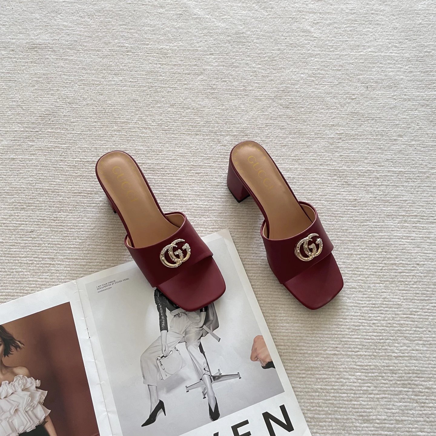 Gucci Burgundy GG Buckle Square Toe Block Heel Mules