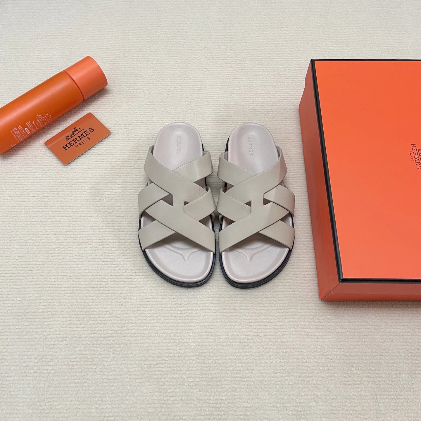 Hermes Beige H Crossover Leather Slide Sandals