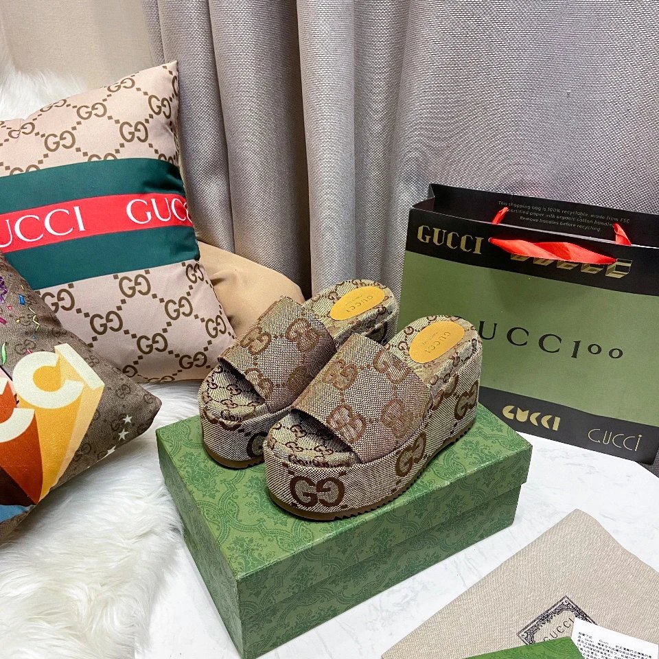 Gucci GG Supreme Platform Slide Wedge Sandals for Women