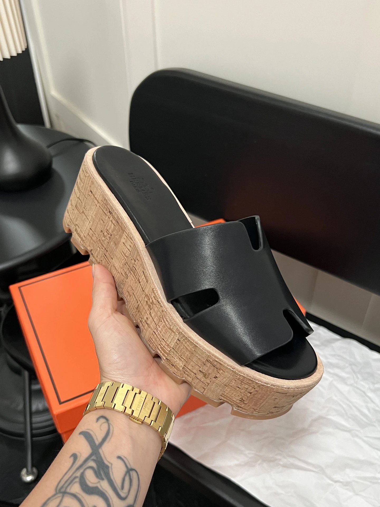 Hermes H-Buckle Black Leather Platform Slides