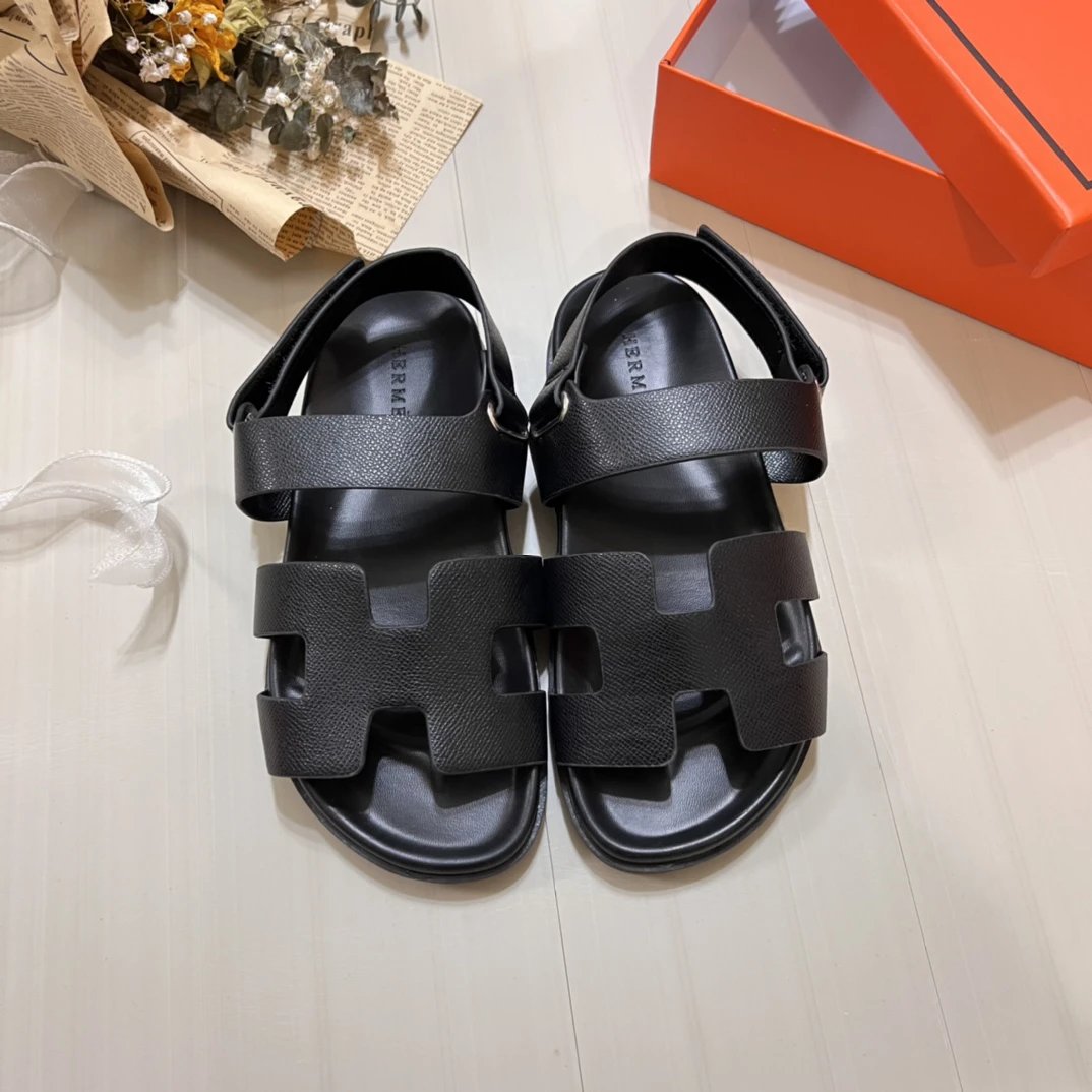 Hermes Chypre Black Leather H Strap Sandals Shoes