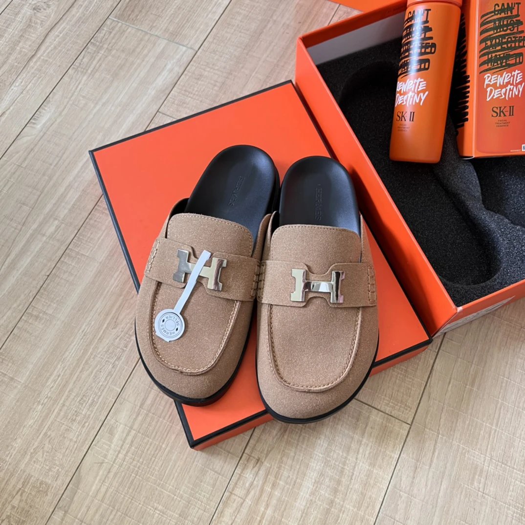 Hermes Suede H Buckle Mule Loafers Beige Brown