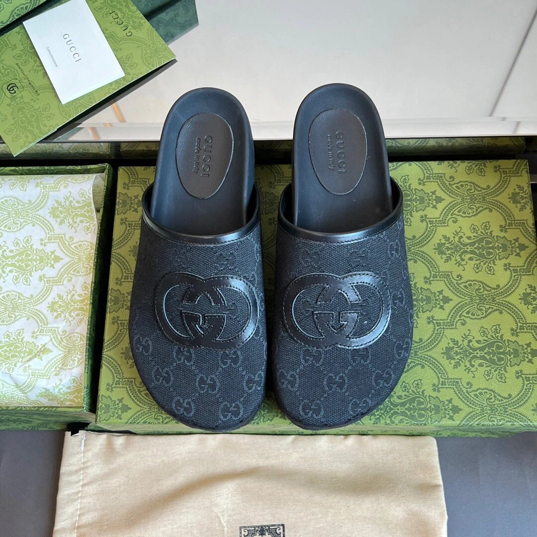 Gucci GG Supreme Navy Black Canvas Mule Slipper Shoes