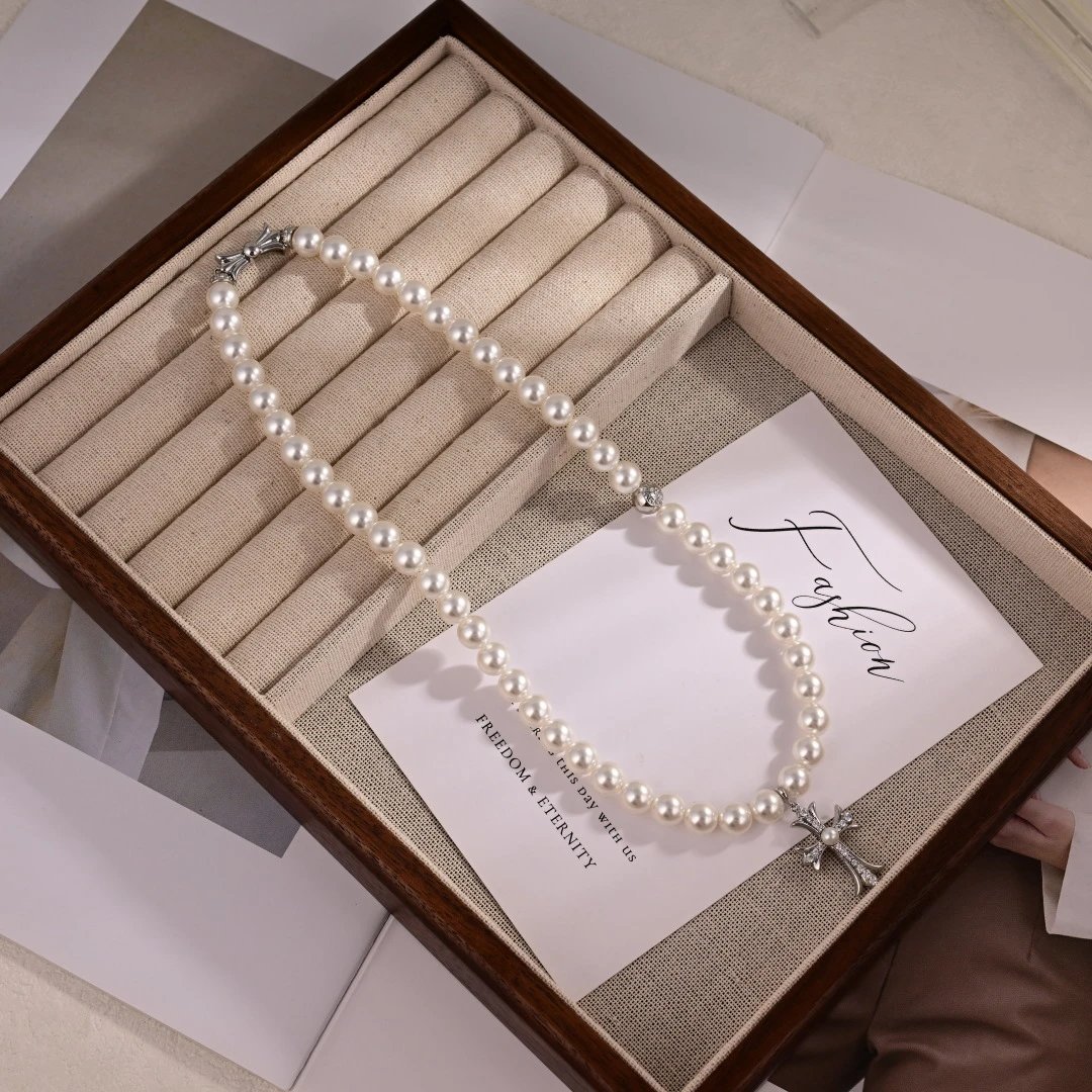 Chrome Hearts 925 Silver Gothic Cross Pearl Necklace