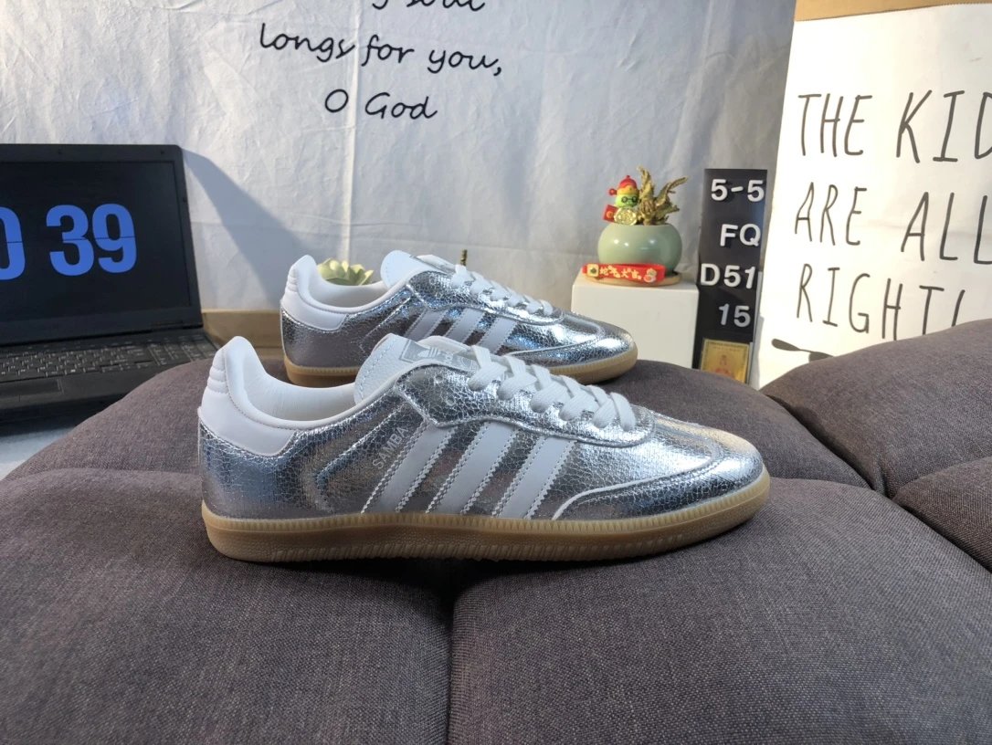 Adidas Samba OG Silver Metallic Leather Gum Sole Sneakers