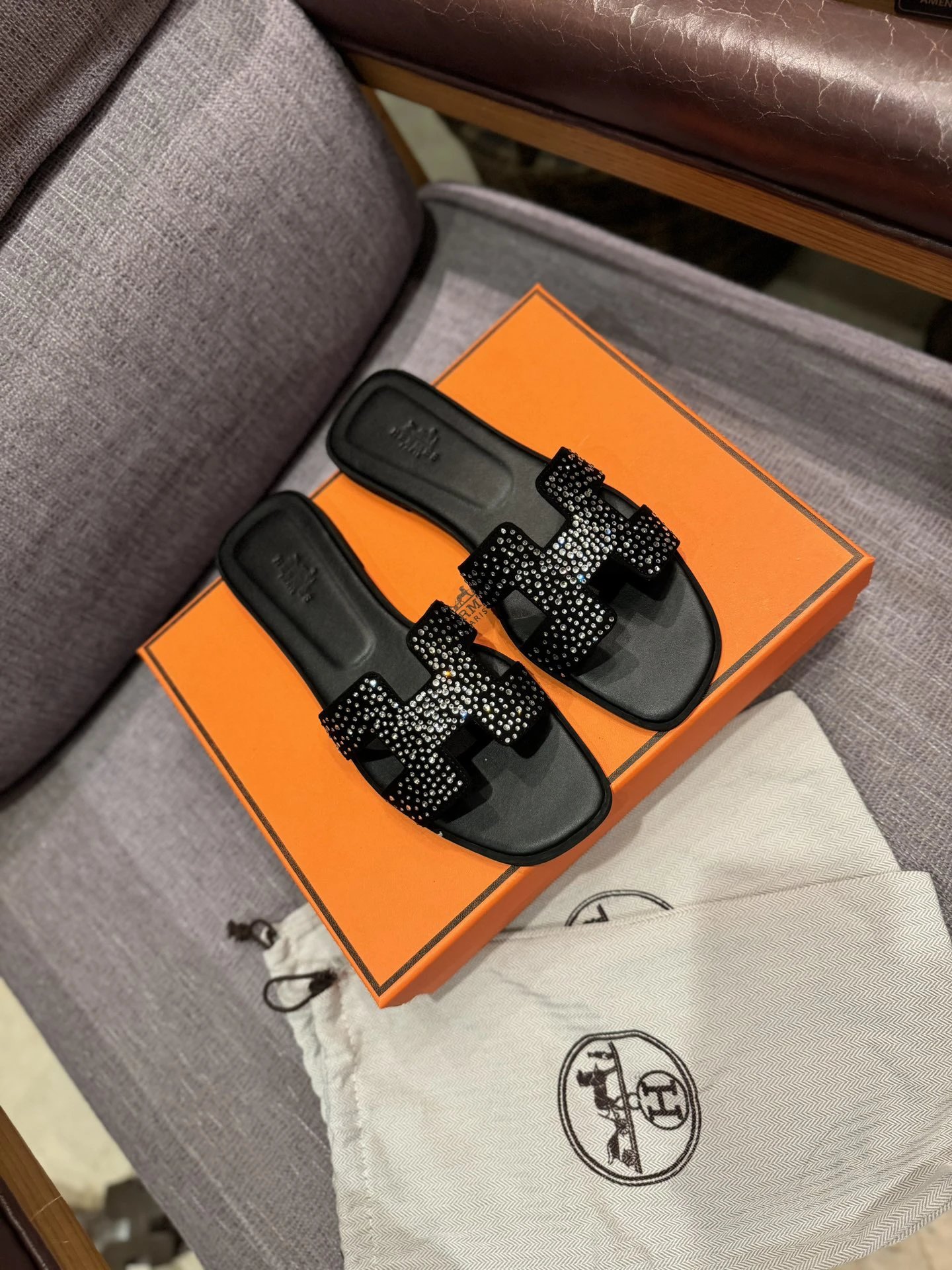 Hermes Oran Black Rhinestone Leather Summer Sandals