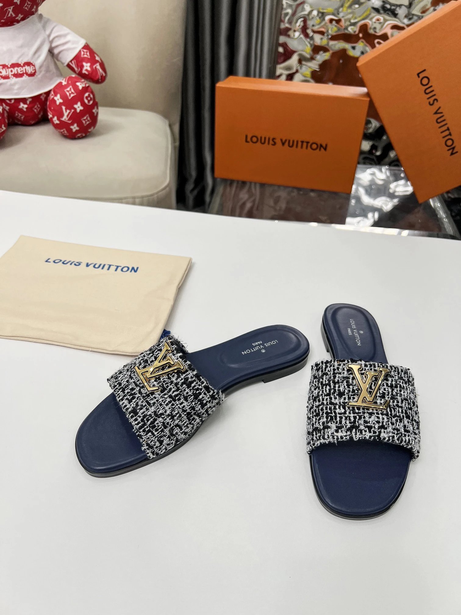 Louis Vuitton Blue Tweed Slide Sandals with Gold Logo