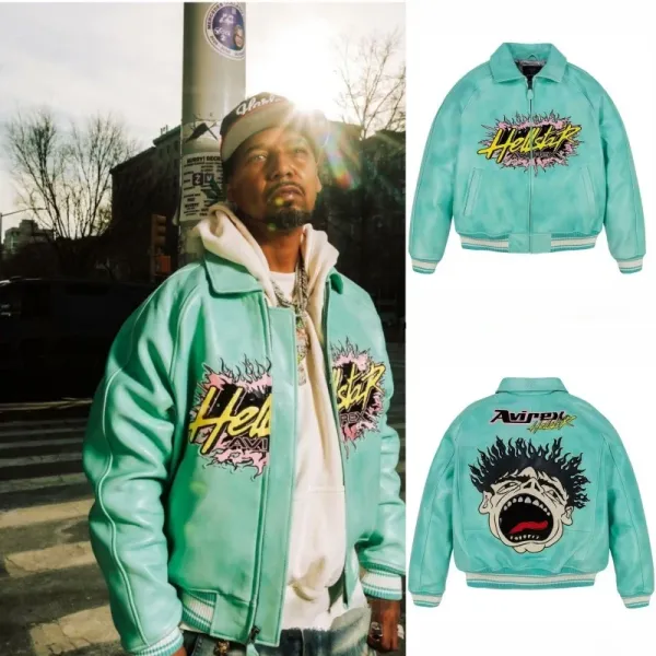 Avirex x Hellstar Mint Green Leather Bomber Jacket - 1
