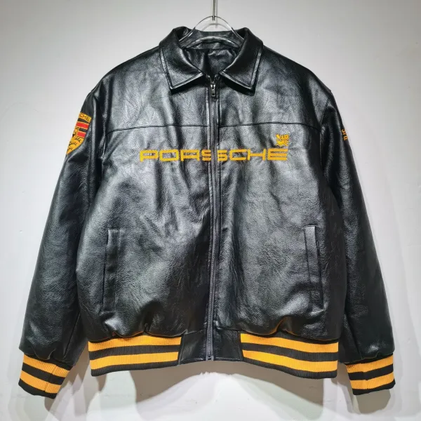 Porsche Racing Leather Jacket Black with Yellow Stripes - 1