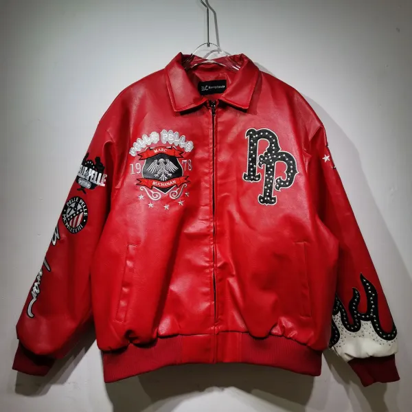 Philipp Plein PP Studded Leather Bomber Jacket Red - 1