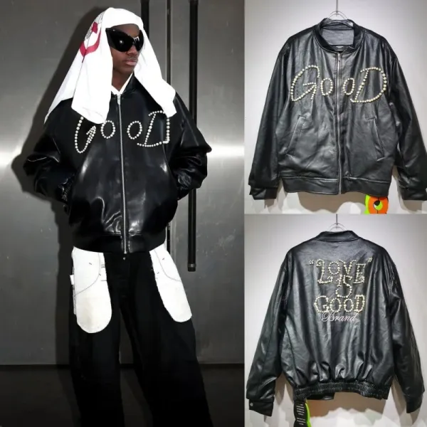 GOOD Brand Embellished Leather Bomber Jacket Black - 1