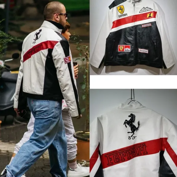Ferrari x Michael Schumacher Racing Jacket White Black Red Leather-Jacket - 1