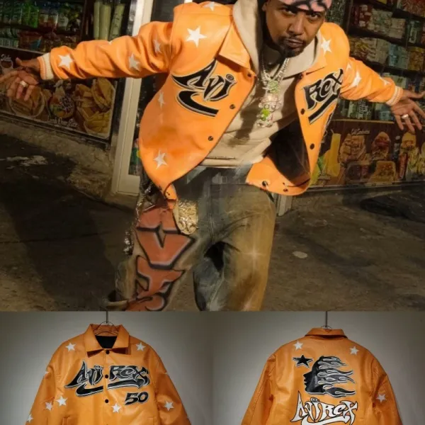 A$AP Rocky x AWGE Orange Star-Print Leather Jacket - 1