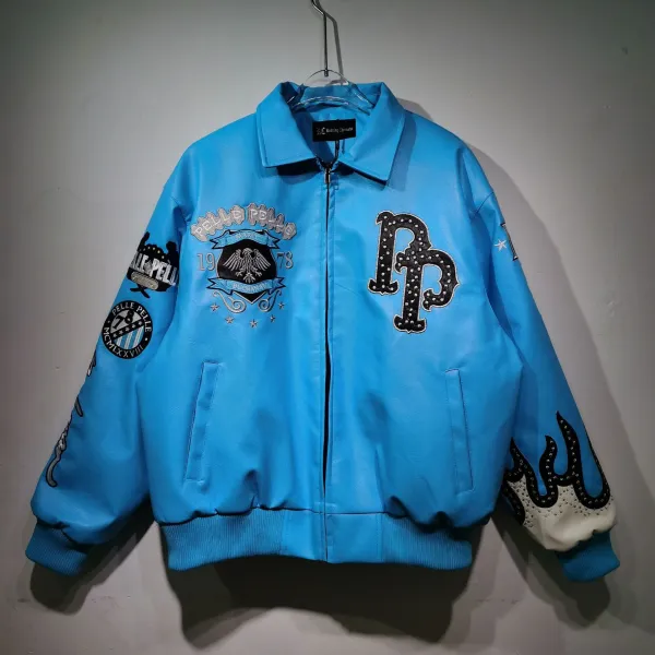 Philipp Plein PP Studded Leather Bomber Jacket in Sky Blue - 1