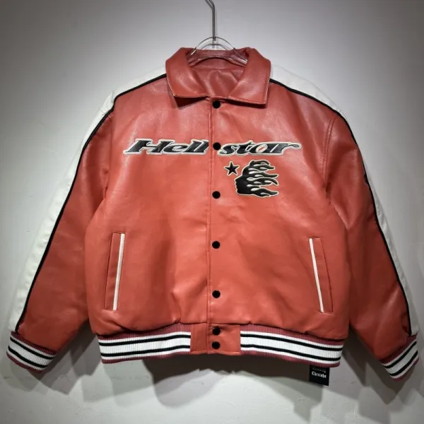 Hellstar Leather Varsity Jacket Coral with White Stripes - 1