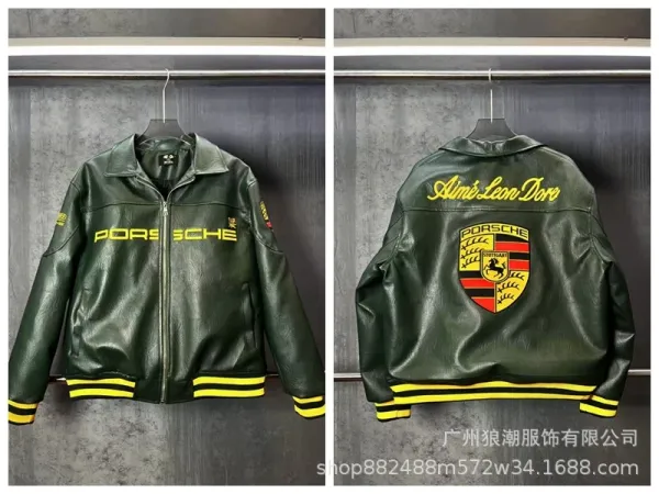 Porsche x Aimé Leon Dore Leather Bomber Jacket Army Green - 1