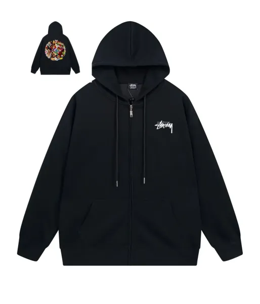 Stüssy Floral Embroidery Zip-Up Hoodie Black - 1