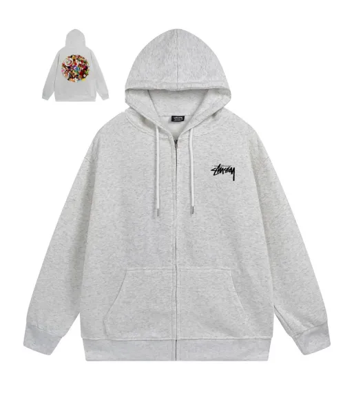 Stüssy x Takashi Murakami Floral Circle Zip-Up Hoodie Gray - 1