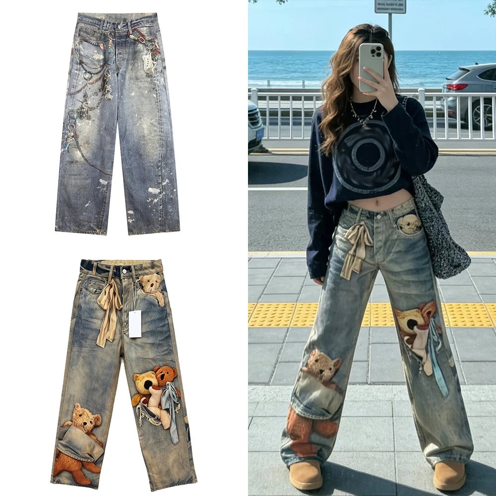 Distressed Denim Pants with Teddy Print