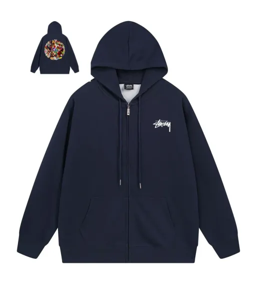 Stüssy Floral Embroidery Zip-Up Hoodie Navy - 1