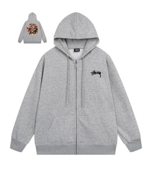 Stüssy Graphic Print Zip-Up Hoodie Gray - 1