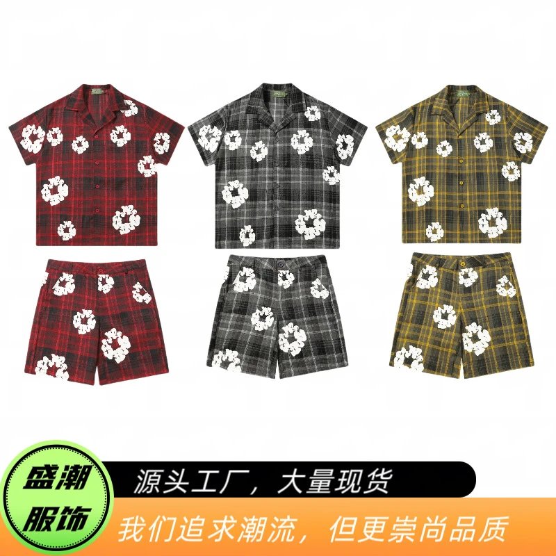 DENIM (Full Series) Cotton Flower New Checkered Short sleeved Shorts Set for Couples