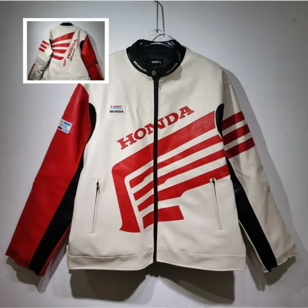 Honda Racing Leather Jacket White Red Black - 1