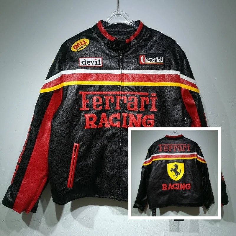 Ferrari Racing x Bell Helmets Leather Jacket Black Red Yellow - 1
