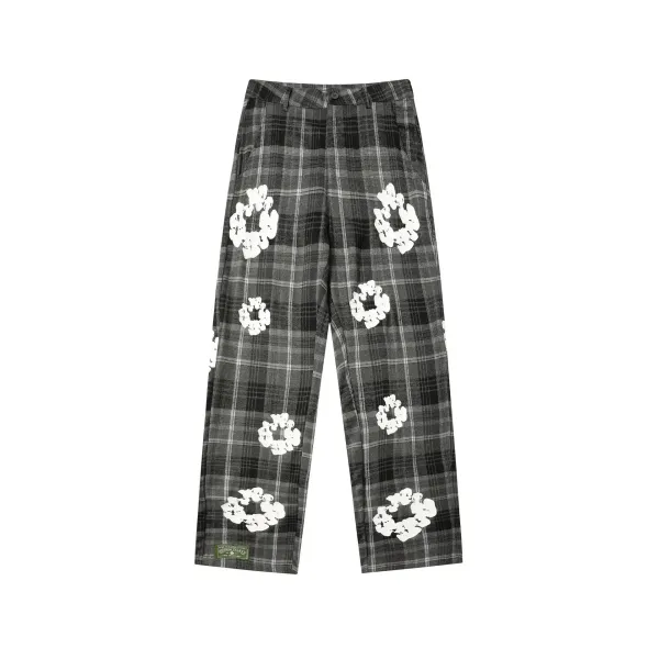 Adenium Tears Plaid Print Wreath Pants Gray - 1