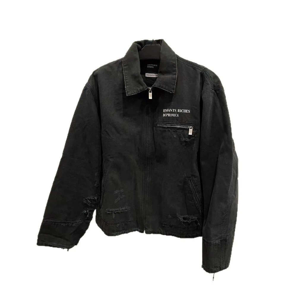 Heavyweight American Style Washed Distressed Slogan Print Detroit Jacket