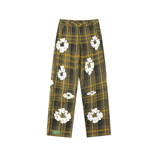 Adenium Tears Plaid Print Wreath Pants Olive Green - 1