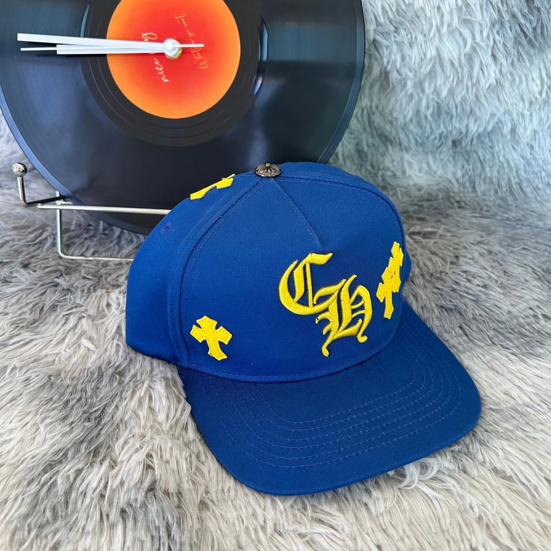 Chrome Hearts x Custom Baseball Cap Navy Blue Embroidered Crosses and Logo Cap - 1