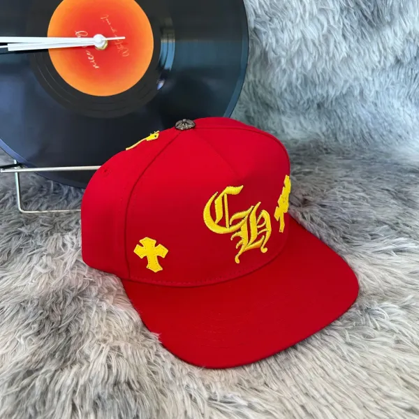 Chrome Hearts x Custom Red Snapback Cap with Gold Cross and Gothic Logo - 1