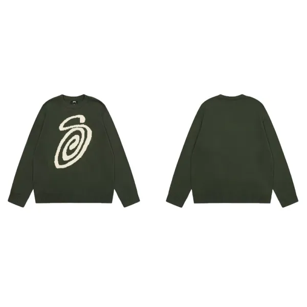 Stüssy Spiral Logo Knit Sweater Army Green - 1