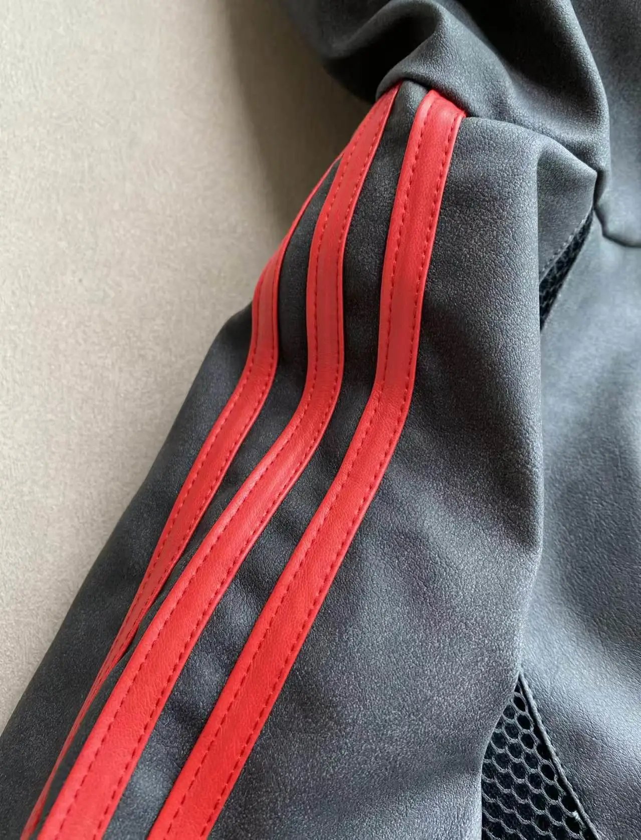 Design Streetwear Hooded Bomber Jacket with Red Stripe and Mesh Panel Gray Outerwear - 7