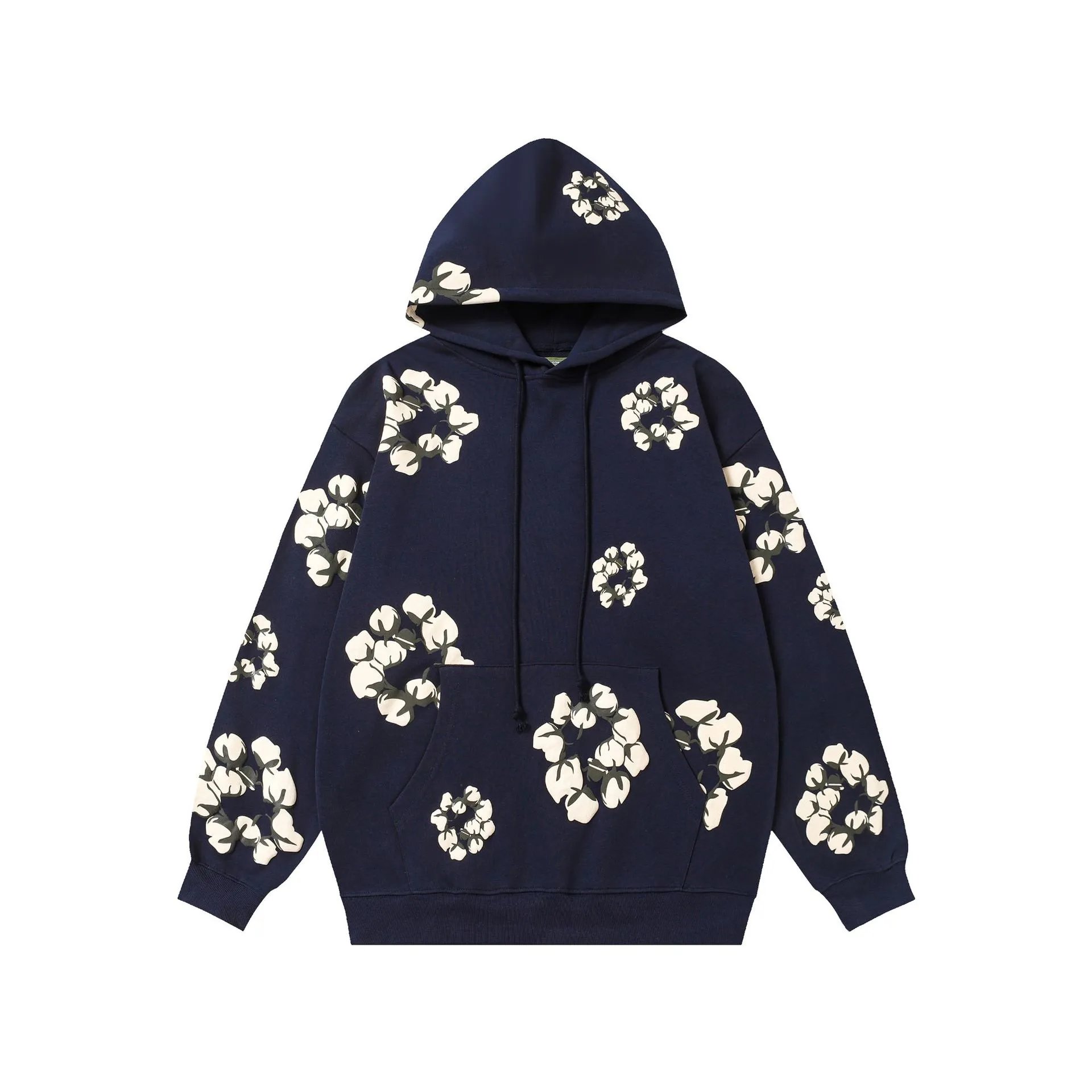 Off-White Cotton Flower Print Navy Hoodie - 1