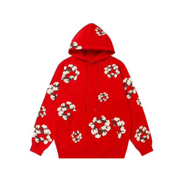 Off-White Cotton Flower Print Red Hoodie - 1