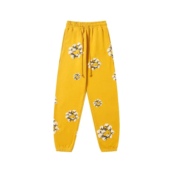 Design Cotton Floral Print Yellow Sweatpants - 1