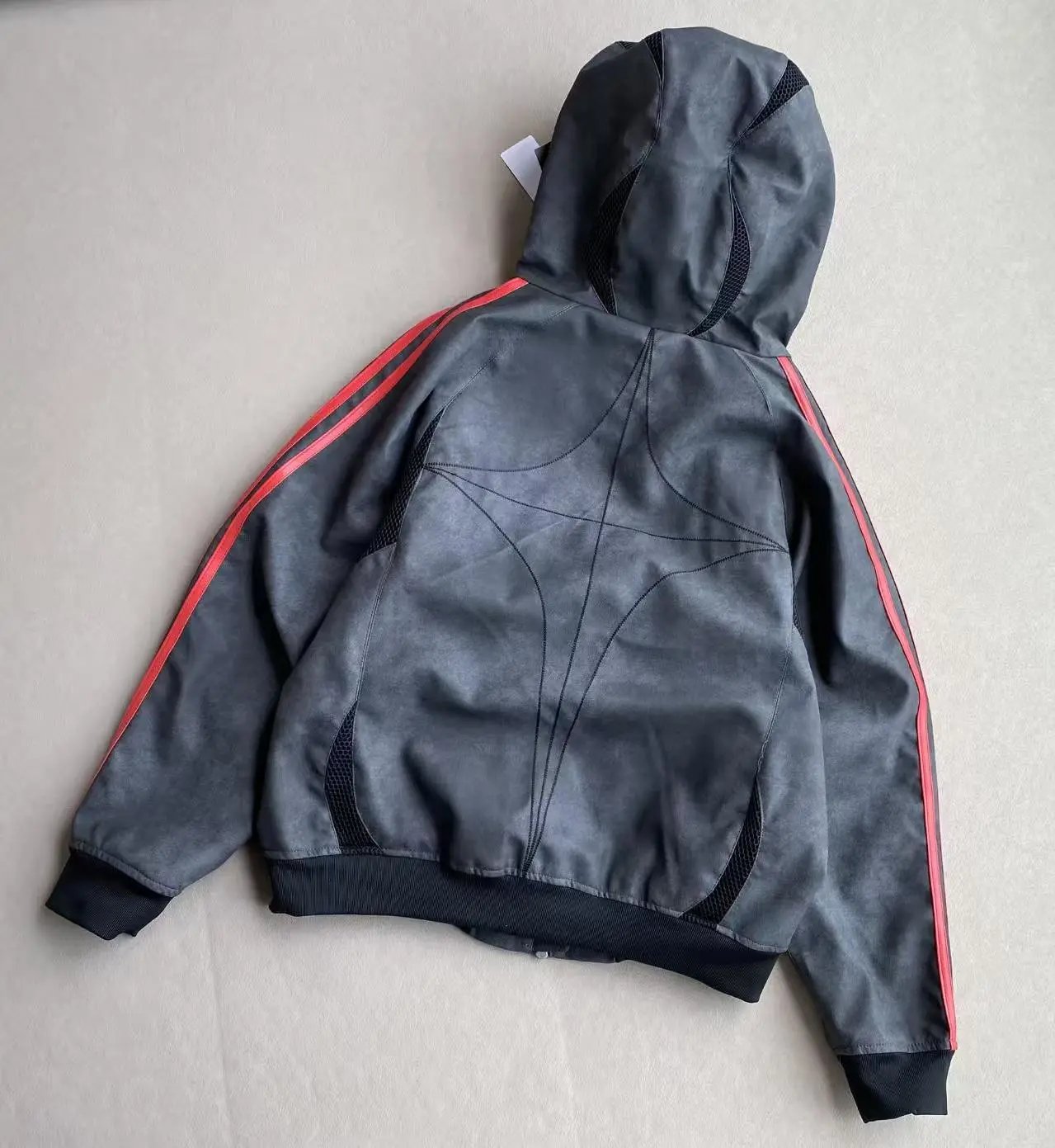 Design Streetwear Hooded Bomber Jacket with Red Stripe and Mesh Panel Gray Outerwear - 8