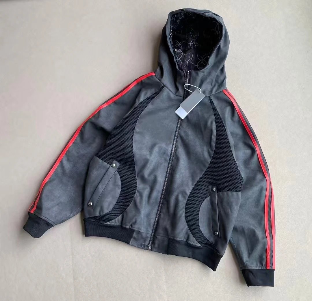 Design Streetwear Hooded Bomber Jacket with Red Stripe and Mesh Panel Gray Outerwear