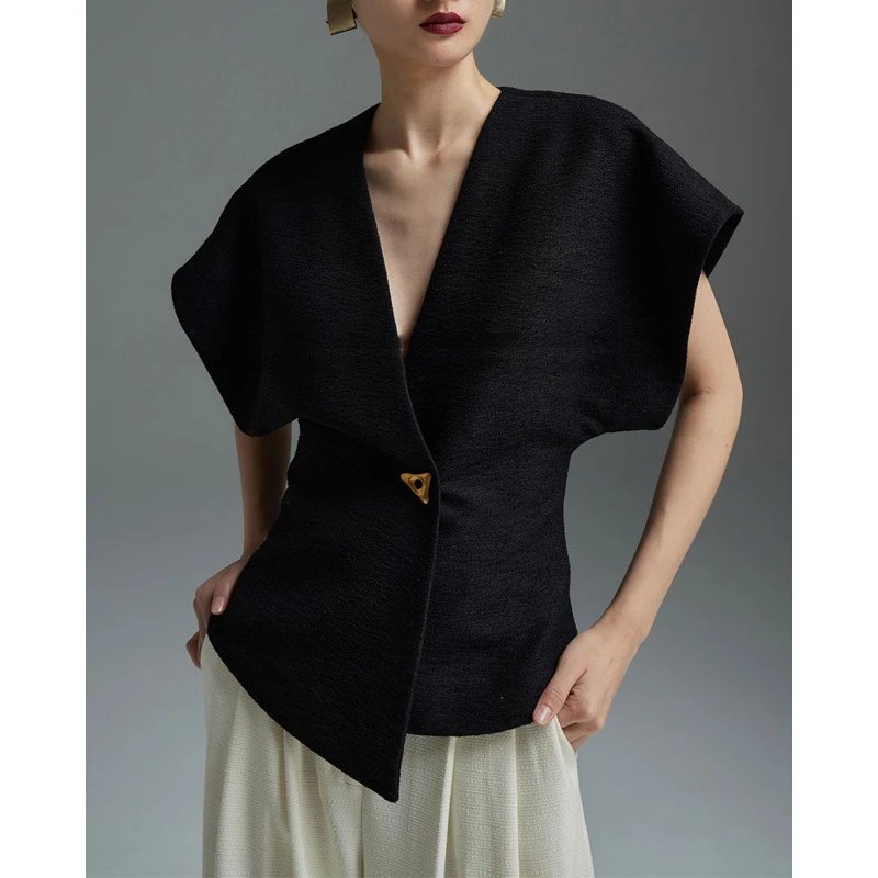2-Color French Chic Stylish High-End Shirt ~ Women's 2026 Summer New Asymmetric Blazer Vest Top
