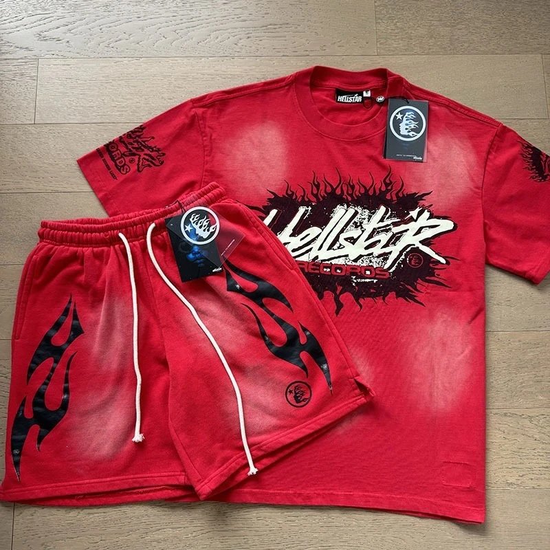 Hellstar Flame Graphic T-Shirt and Shorts Set Black with Neon Green - 38