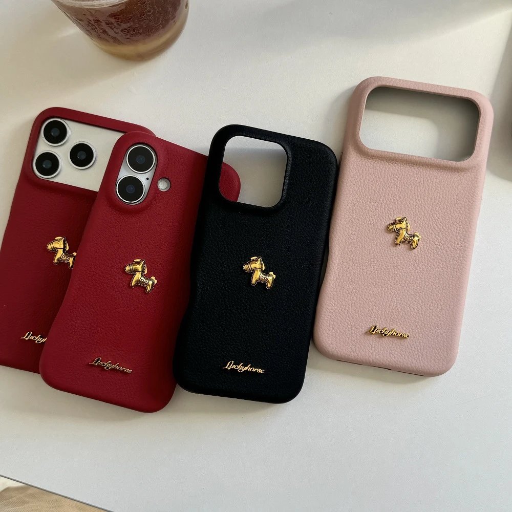 Design Luckyhorse Red Leather Phone Case with Gold Horse Charm Phone Accessories - 5